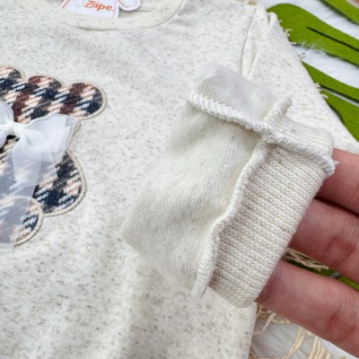 Conj. Blusa em Linho Ursinho com Laço e Short Saia Xadrez - Areia e Marrom